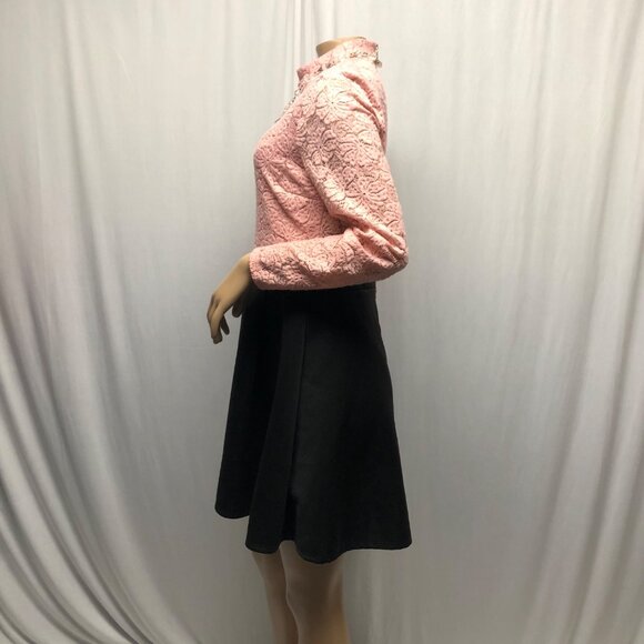 B Darlin Skater Dress Pink Lace Black Size 13-14 Long Sleeve Mock Neck Retro - Picture 3 of 7